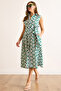 Women's Green Hidden Placket Belted Maxi Woven Dress Elb-19002496 - 5