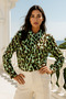 Women's Green Leopard Patterned Slim Fit Trend Shirt with Hidden Button Detail - 5