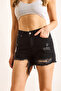 Women's Black Pocket Laser Cut Mom Denim Shorts Shrt-19000071 - 4