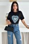 Women's Black Heart Pattern Bead Embroidered Denim Detailed 100% Cotton T-Shirt - 5