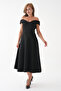 Black Stretchy Scuba Fabric Strapless Neckline Flared Cut Midi Dress 77128 - 6