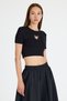 Black Stone Embroidered Heart Detailed Viscose/Soft Fabric Crop T-Shirt 2444 - 6