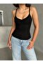 Women's Black Thread Strap Gathered Detailed Viscose Camisole Tank Top - 2