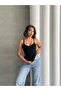 Women's Black Thread Strap Gathered Detailed Viscose Camisole Tank Top - 5