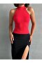 Women's Red Stand Collar Sleeveless Viscose Elasthane Camisole Blouse - 4