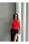 Women's Red Stand Collar Sleeveless Viscose Elasthane Camisole Blouse - 3