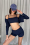 Corded Fabric Ribbed Knit 3-Piece Set - Strappy Cropped Cardigan Shorts Combo