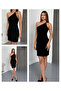 White Sandy Fabric One Shoulder Gold Buckle Stylish Dress - 3