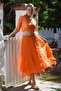 Organic Cotton Orange Double Breasted Collar 3/4 Sleeve Tie Washed Casual Crop Woven Blouse 40 60 - 7
