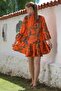 Orange Judge Collar Flounced Sleeve Button Skirt Ruffled Allover Printed Casual Woven Dress 90 64 - 2