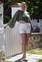 Organic Cotton Khaki Boat Neck Flounced Sleeve Washed Dirty Stitched Casual Muslin Crop Woven Blouse 38 80 - 3