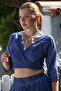 Organic Cotton Navy Blue Double Breasted Collar 3/4 Sleeve Tie Washable Casual Crop Woven Blouse 40 60 - 6