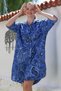 Italian Cobalt Blue Shirt Collar Buttoned 3/4 Sleeve Pocket Allover Printed Casual Woven Dress 105 70