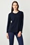 Women's O-Neck Front Pleated Beaded Ligral Blouse K.Navy Blue