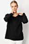 Women's O-Neck Front Pleated Beaded Ligral Blouse Black - 5