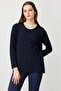 Women's O-Neck Front Pleated Beaded Ligral Blouse K.Navy Blue - 4