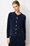 Women's Crew Neck Metal Button Aphrodite Short Knitwear Jacket Navy Blue