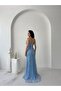 Baby Blue Beaded Embroidered Sequined Strapless Evening Dress - 5