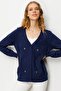 Women's V-Neck Front Diamond Embroidery Embroidered Cardigan Navy Blue