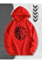 Half Lion Face Printed Hooded Pocket Cotton Red Sweatshirt