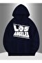 Los Angeles Oblique Printed Hooded Pocket Inside Wool Navy Blue Sweatshirt