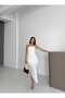 U-Neck Halter Neck Gold Accessory Detail Side Gathered Side Slit Lined Long Dress - 3