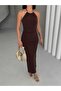 U-Neck Halter Neck Gold Accessory Detail Side Gathered Side Slit Lined Long Dress - 6