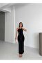 U-Neck Halter Neck Gold Accessory Detail Side Gathered Side Slit Lined Long Dress - 6