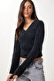 Woman's Black V-Neck Bearded Knit Sweater NF00072