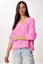 Women's Pink V-Neck Brioche Knit Oversized Knit Sweater ZA00059 - 4