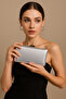 Silver Gray Color Glittery Satin Women's Evening Dress Bag