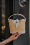 Cream Wicker Women's Modern Design Buckle Hand and Shoulder Bag - 5