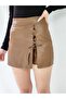 Lace-Up Camel Leather Shorts Skirt - 5