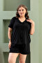 Plus Size Short Sleeve Milan Shirt Pajama Set Solid Black Pajama Set- Button-Down Women's Pajamas - 2