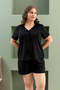 Plus Size Short Sleeve Milan Shirt Pajama Set Solid Black Pajama Set- Button-Down Women's Pajamas - 6