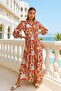 Women's Ethnic Pattern Colorful Long Length Dress - Elegant Dress with Button Waist Elastic