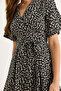 Women's Black Daisy Patterned V-Neck Belted Shorts Mini Dress 60261569 - 6