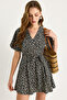 Women's Black Daisy Patterned V-Neck Belted Shorts Mini Dress 60261569