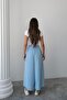 Wide Cut Flared Double Crepe Trouser Skirt with Elastic Waist - Ice Blue - 6