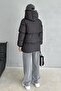 Hooded Oversize Women's Black Puffer Coat - 4 Pocket Detail - 7