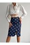 Women's Navy Blue Color Polka Dot Elastic Waist Slit Pencil Skirt Length 65 cm - 2