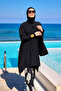 Black Full Covered Hijab Swimsuit – Wide Leg Pants with Asymmetrical Tunic and Inner Leggings M2503-3 - 3