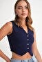 6827 Women's V-Neck Buttoned Summer Knitwear Vest Navy Blue - 3