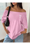 Women's Off Shoulder Boat Neck Mini Ribbon Printed T-Shirt - 2