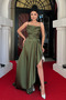 Satin Fabric Drawstring Back Evening Dress - Khaki Green - 2