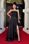 Satin Fabric Back Lace-up Evening Dress - BLACK - 2