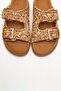 Milana Tan Patterned Genuine Leather Buckle Double Strap Women's Slippers - 2