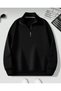Unisex Black Stand Collar Zippered Pullover Sweatshirt - 3