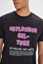 Men's Black Standard Fit Regular Fit 100% Cotton Slogan Printed Soft Textured Crew Neck T-Shirt - 5