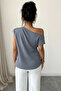 Gray Women's One Shoulder Detail Scuba Crepe Fabric Blouse - 2